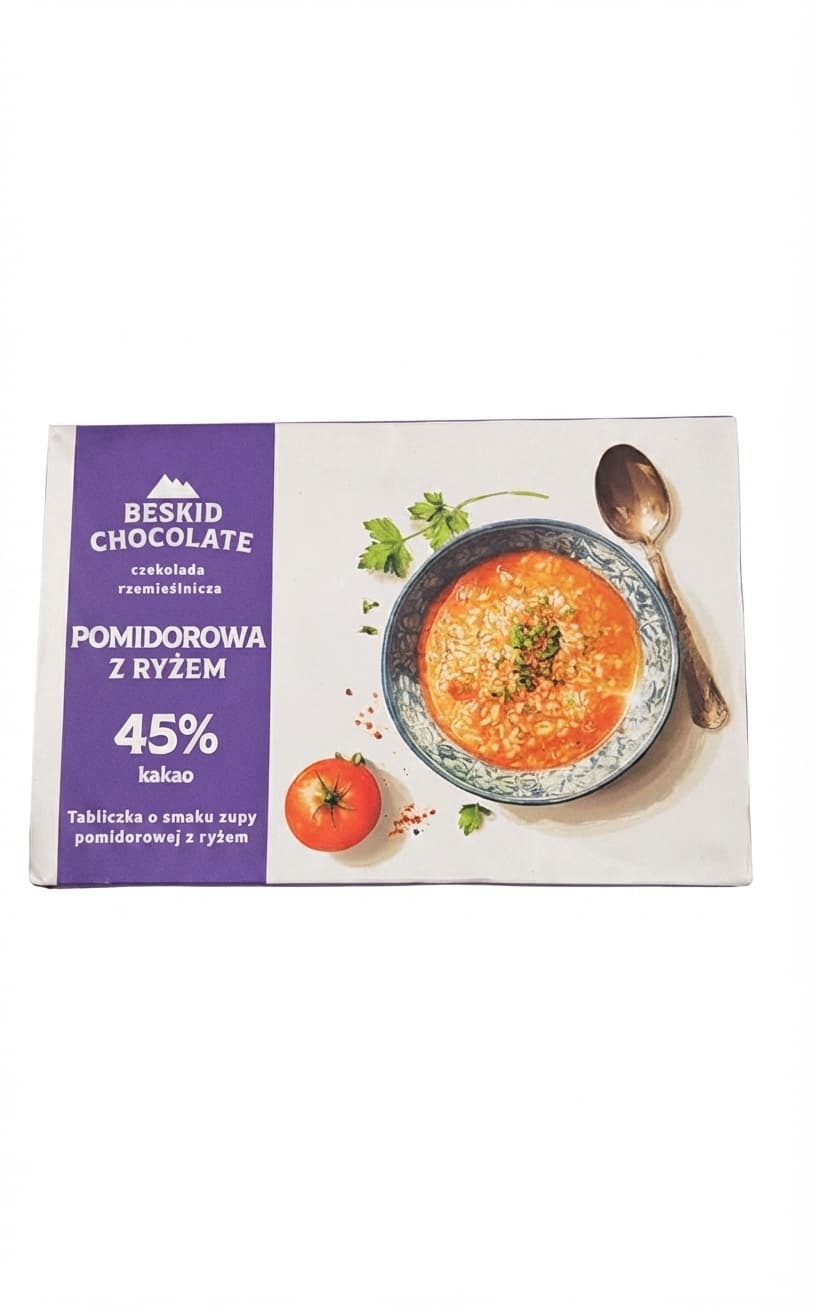 Pomidorowa z ryżem 45% 45% white bar packaging by Beskid Chocolate
