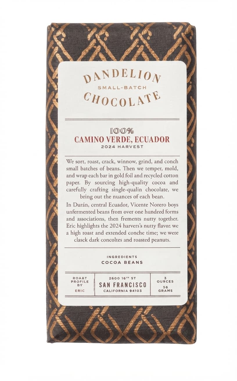 Camino Verde 100% dark bar packaging by Dandelion Chocolate