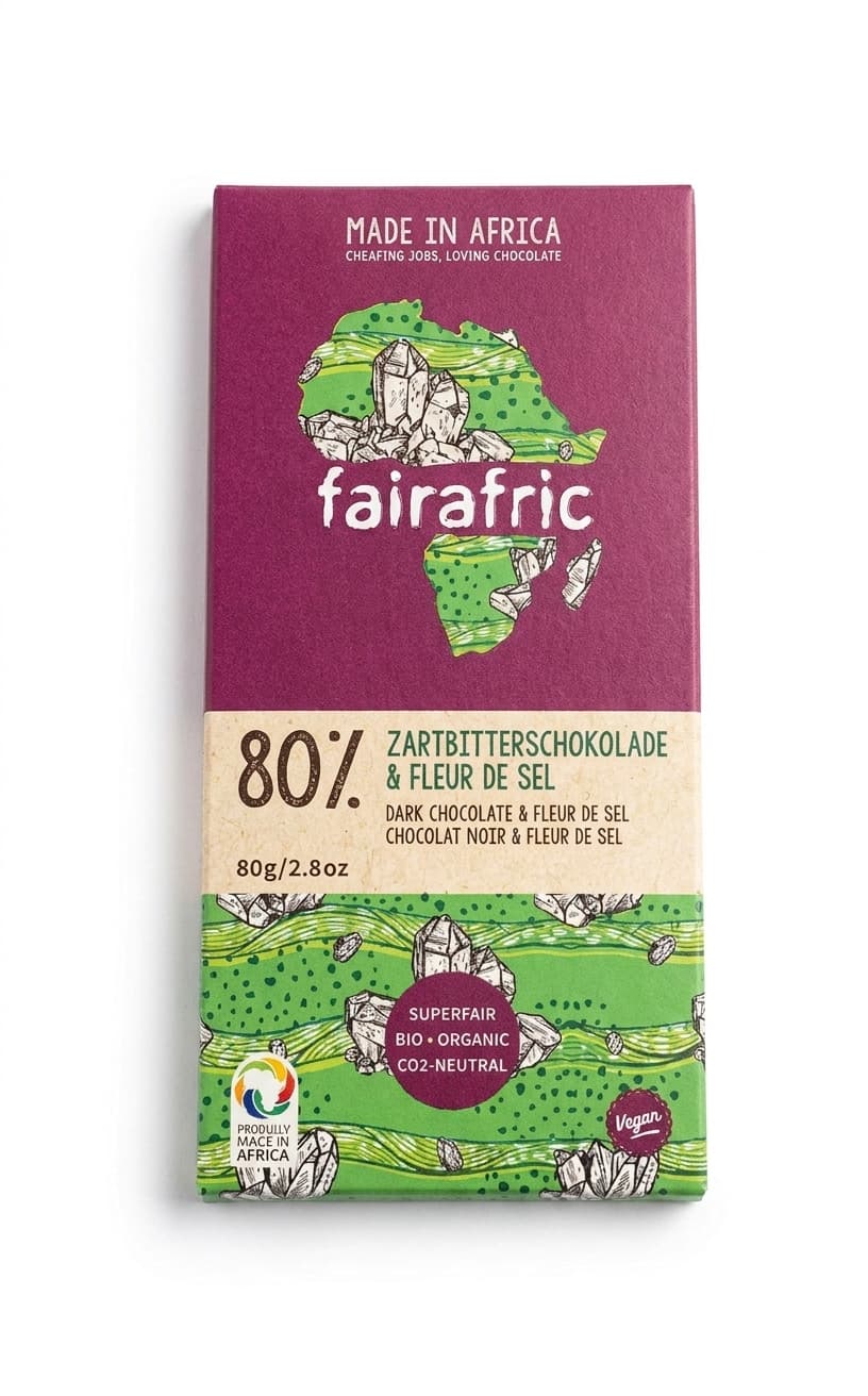 80% Dark Chocolate & Fleur de Sel 80% dark bar packaging by fairafric