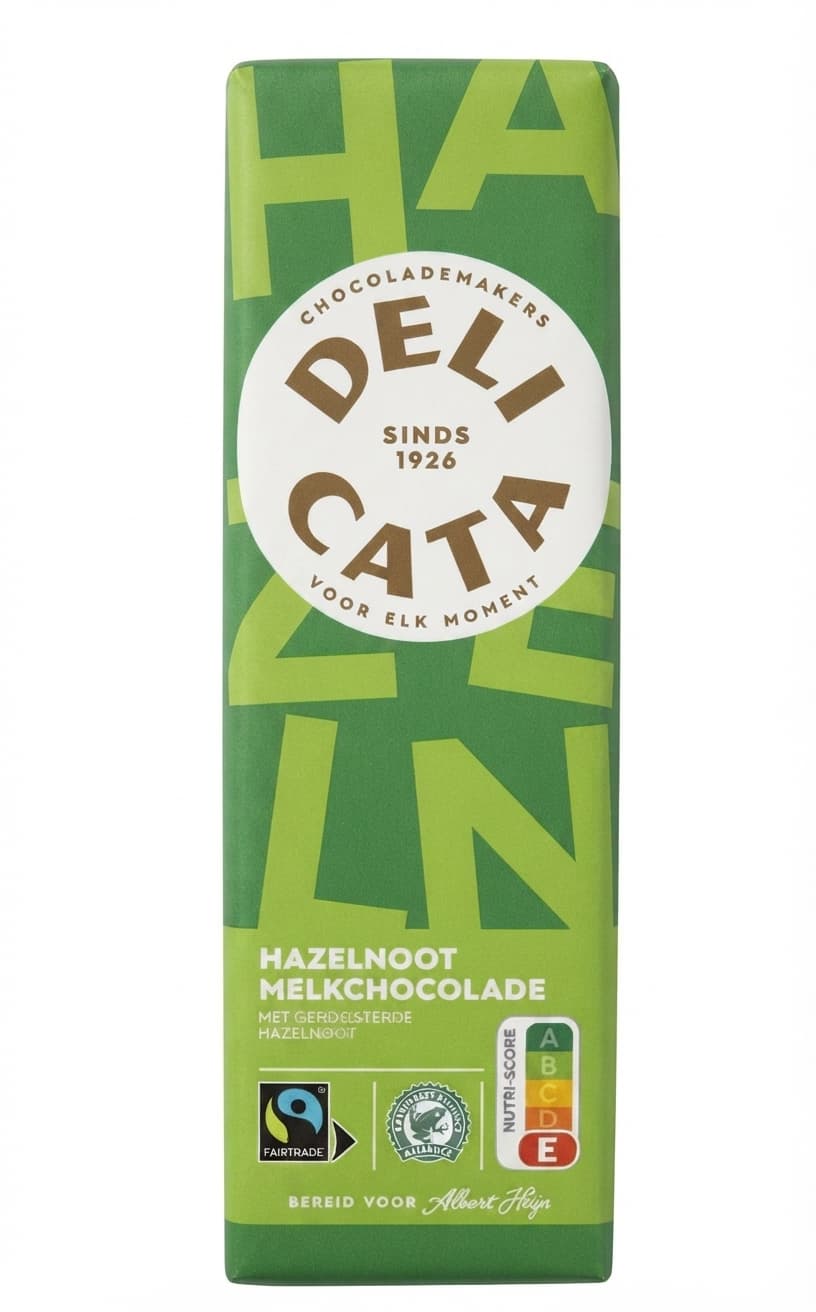 Hazelnoot Melkchocolade 34% milk bar packaging by Delicata