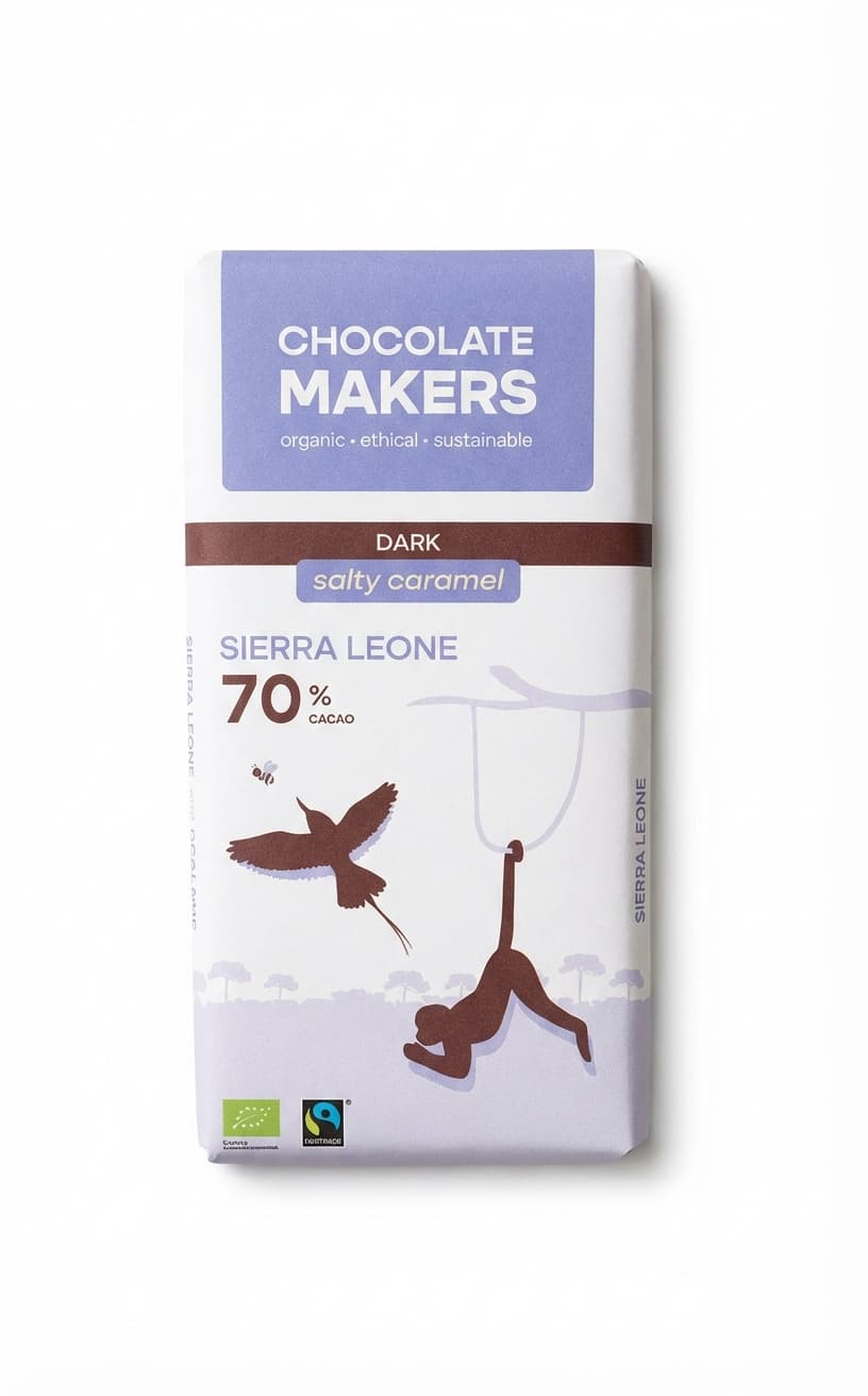Sierra Leone 70% cacao with Salty Caramel 70% dark bar packaging by Chocolate Makers