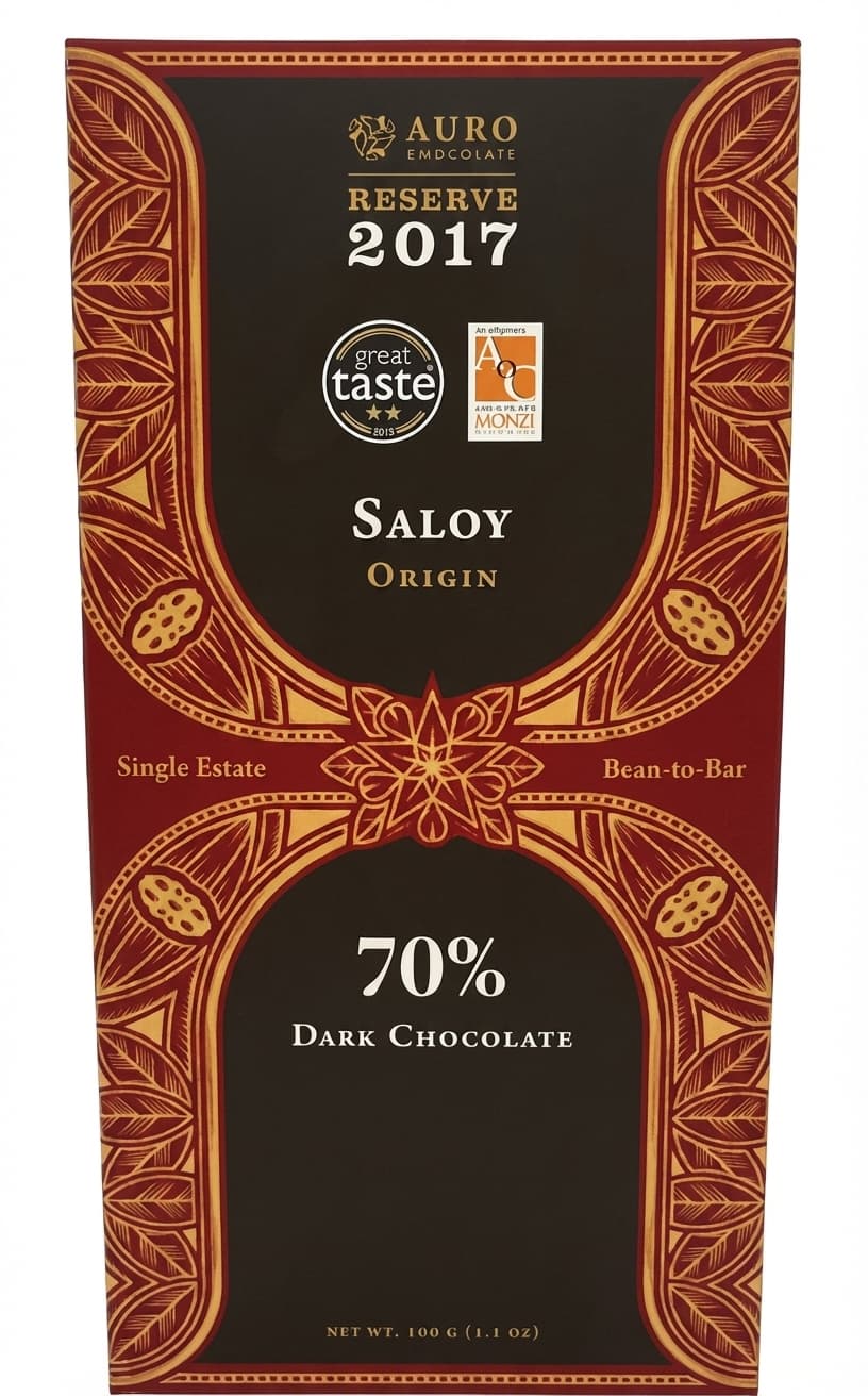 Reserve 2017 Saloy Origin 70% dark bar packaging by AURO