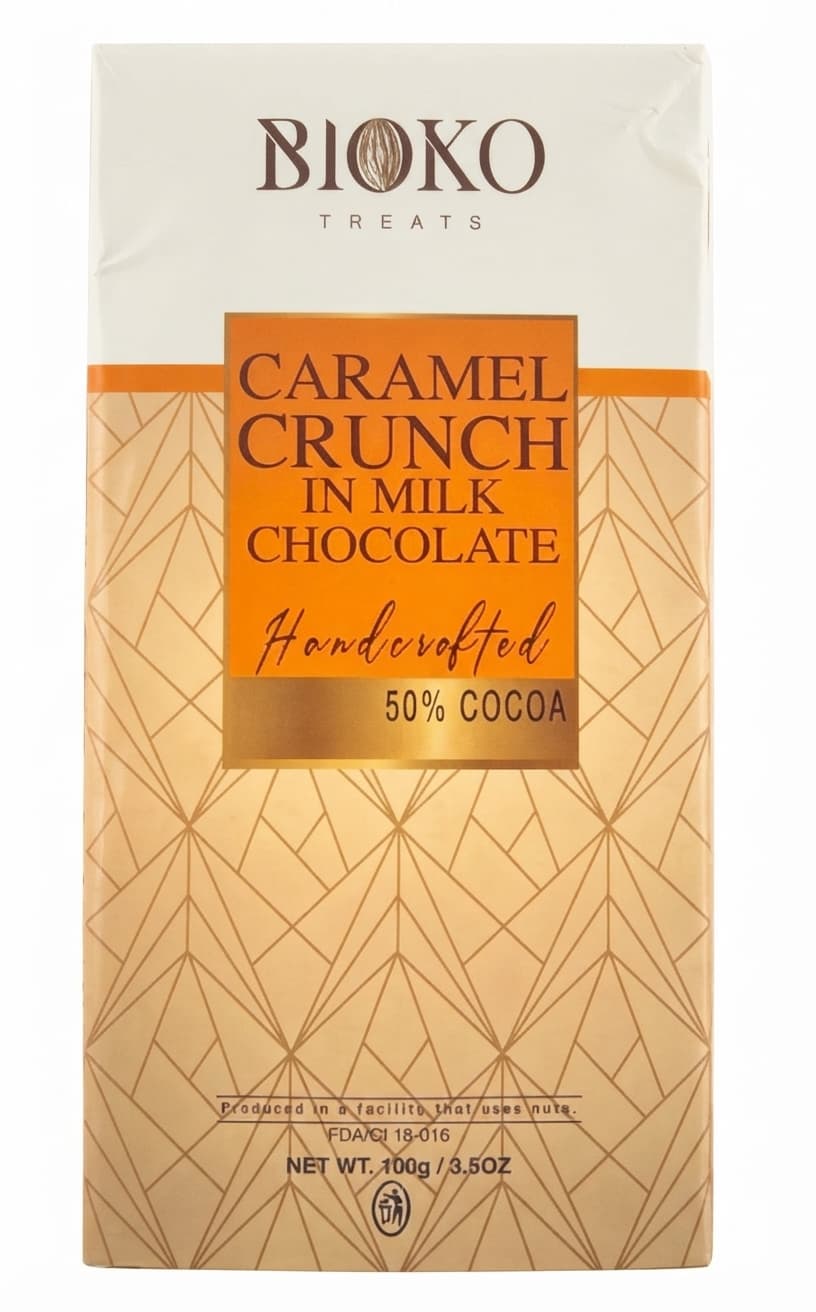 Caramel Crunch 50% 50% milk bar packaging by Bioko Treats