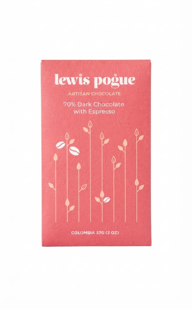Espresso 70% 70% dark bar packaging by Lewis Pogue Artisan Chocolate
