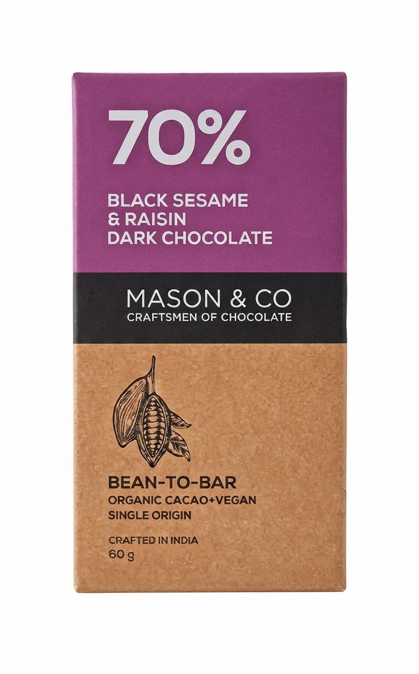 Black Sesame & Raisin 70% 70% dark bar packaging by Mason & Co