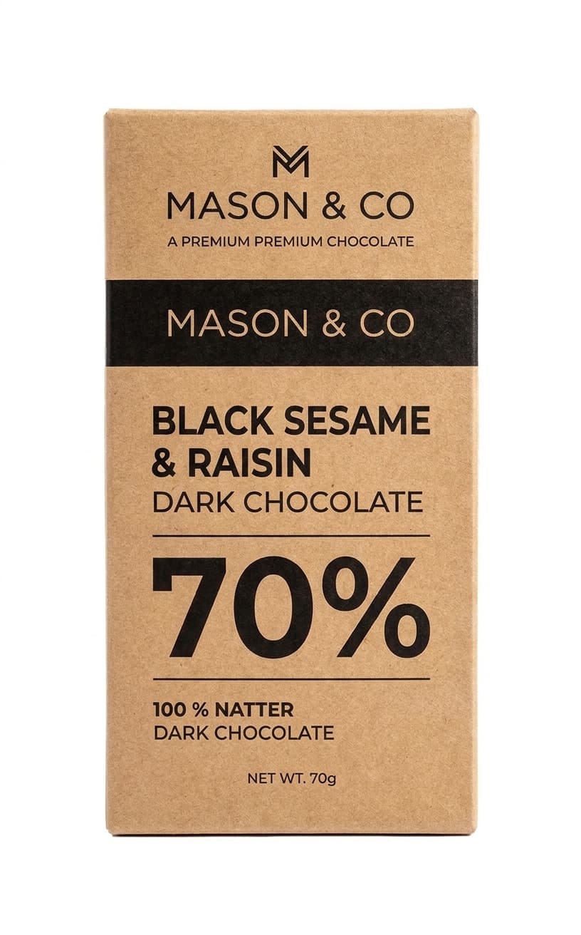 Black Sesame & Raisin 70% 70% dark bar packaging by Mason & Co