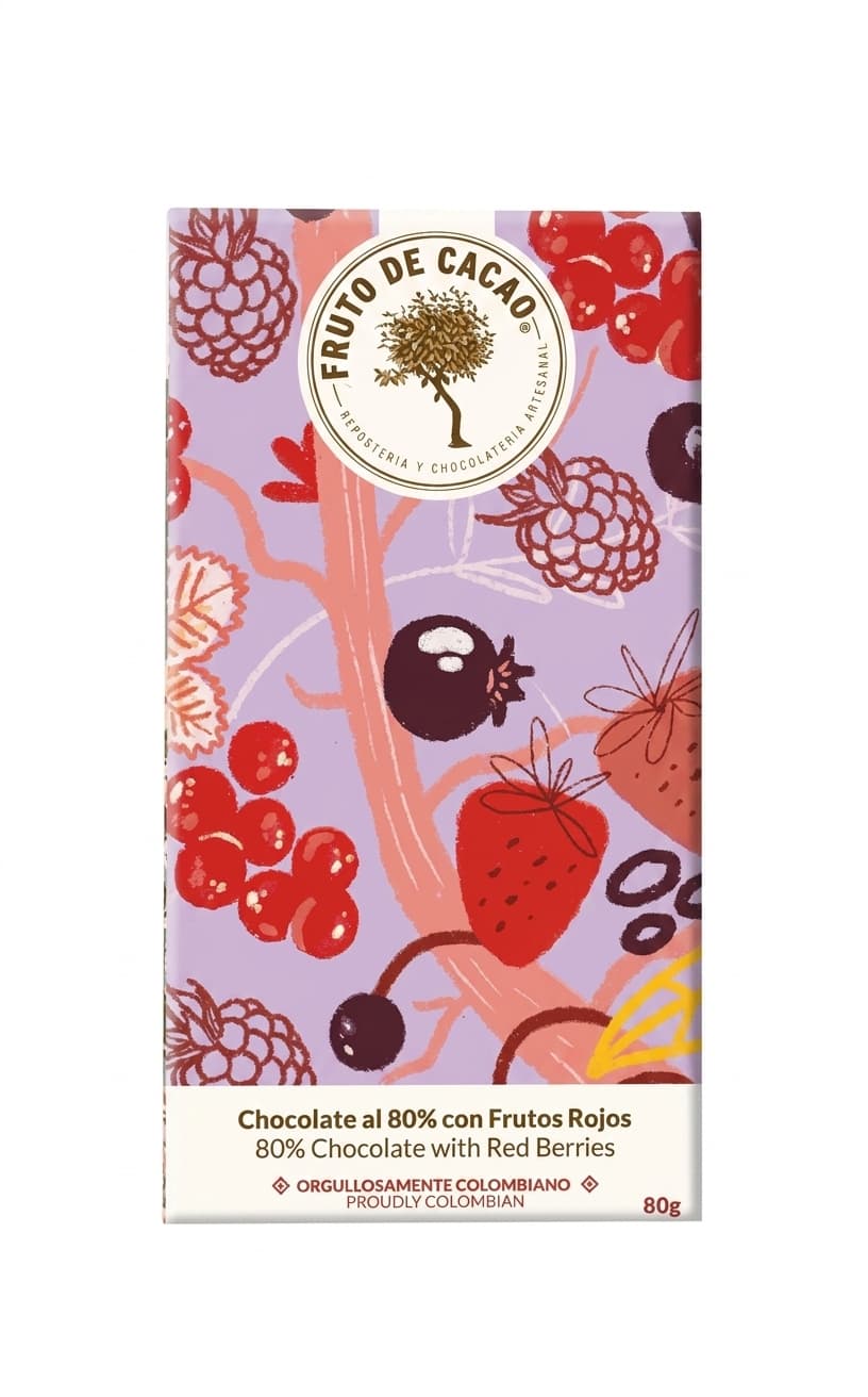 Frutos Rojos 80% 80% dark bar packaging by Fruto de Cacao