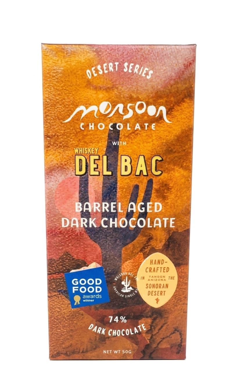 Whiskey Del Bac 74% 74% dark bar packaging by Monsoon Chocolate