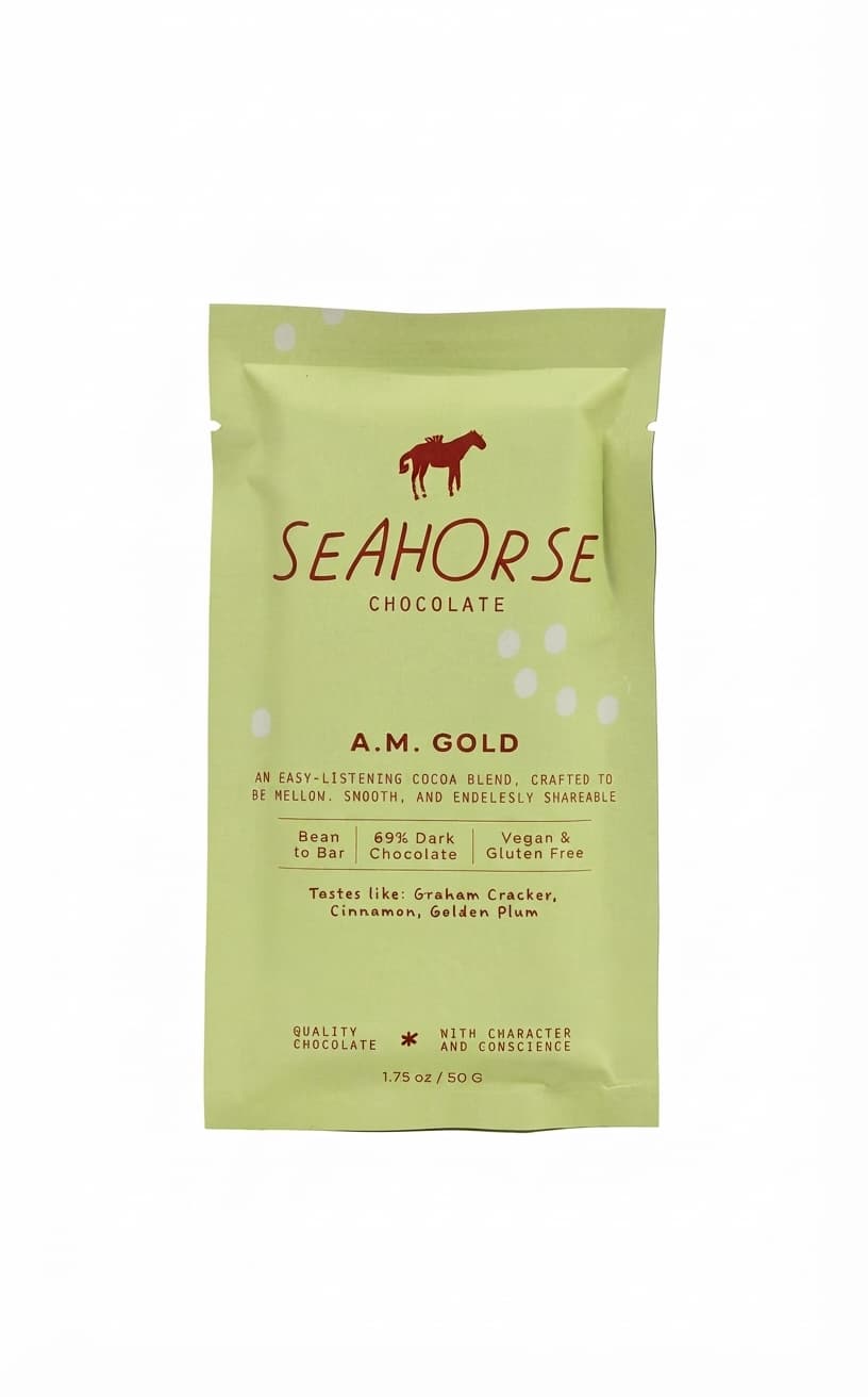 A.M. Gold 69% 69% dark bar packaging by Seahorse Chocolate