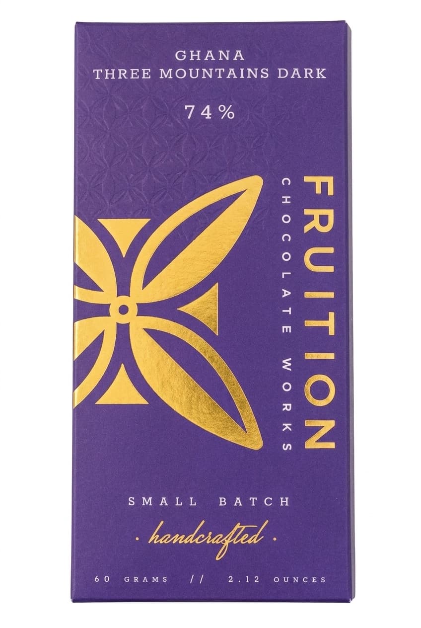 Ghana Three Mountains Dark 74% 74% dark bar packaging by Fruition Chocolate Works