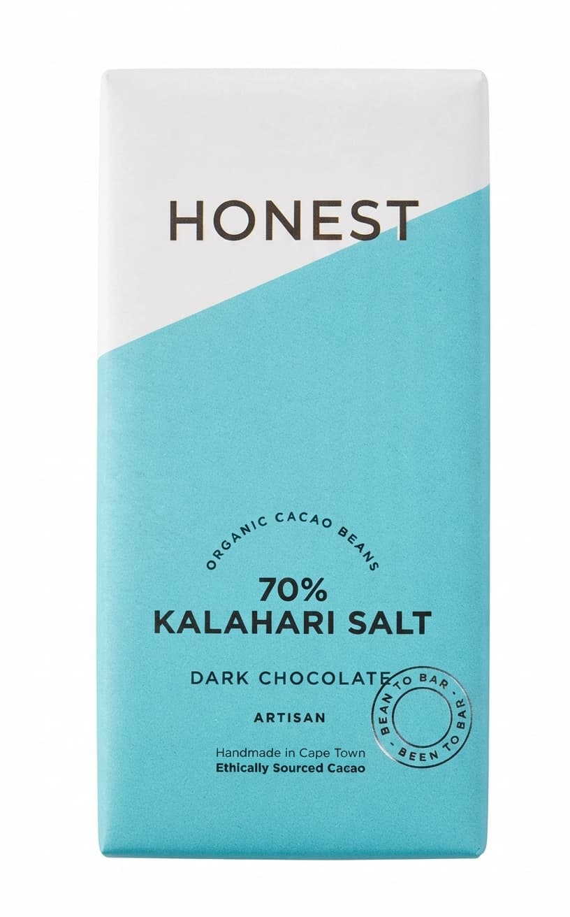 Kalahari Salt 70% 70% dark bar packaging by Honest Chocolate