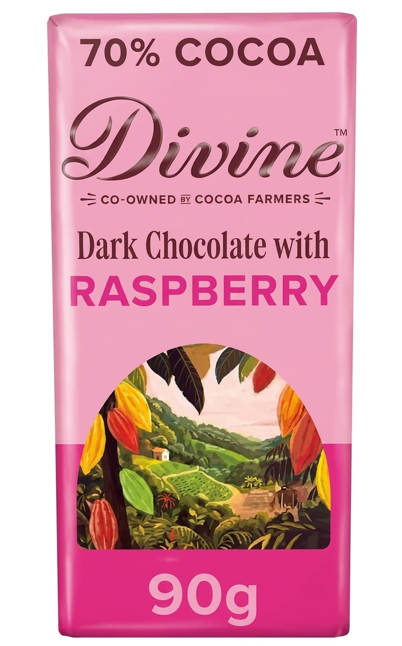 Raspberry 70% 70% dark bar packaging by Divine