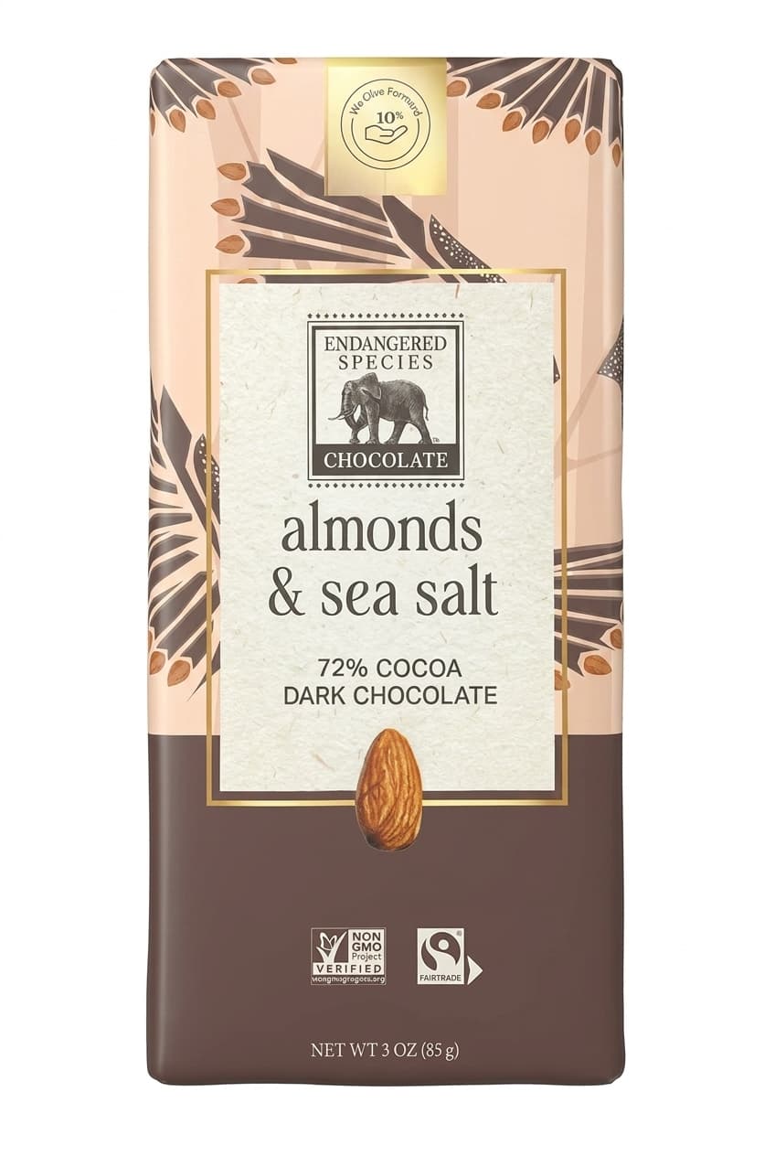 almonds & sea salt 72% cocoa 72% dark bar packaging by Endangered Species Chocolate