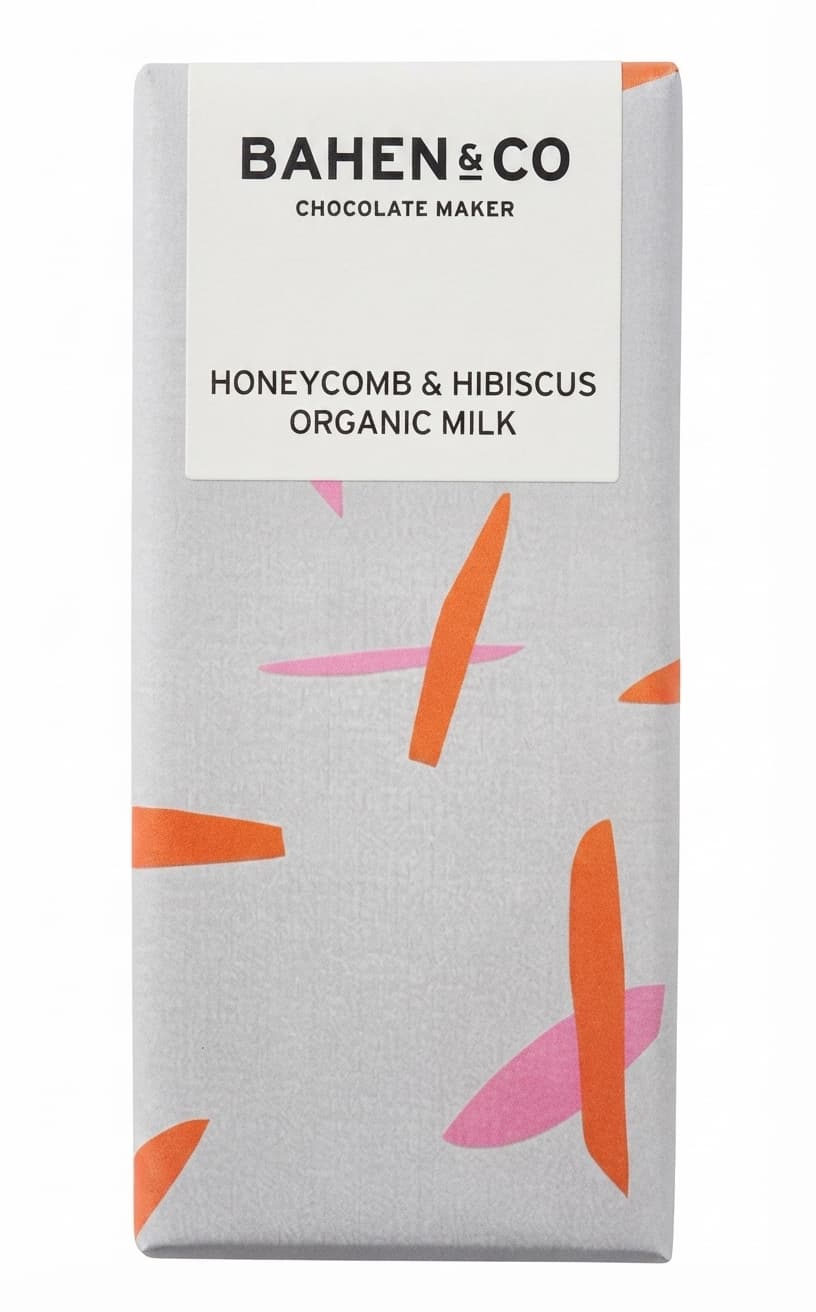 Honeycomb & Hibiscus 70% milk bar packaging by Bahen & Co
