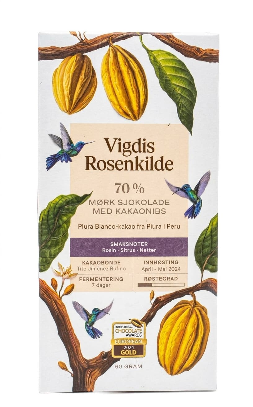 70% Piura med kakaonibs 70% dark bar packaging by Vigdis Rosenkilde