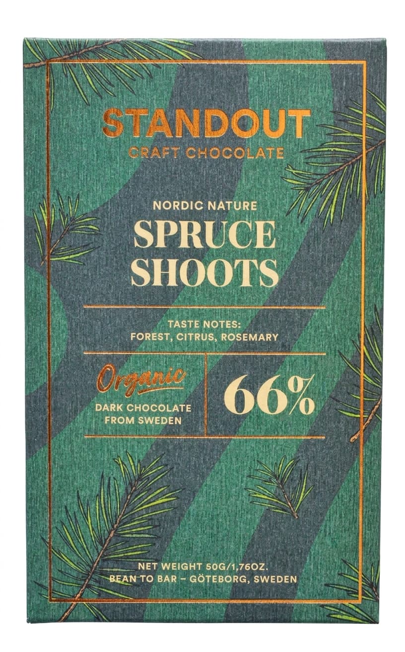 Spruce Shoots 66% 66% dark bar packaging by Standout Chocolate