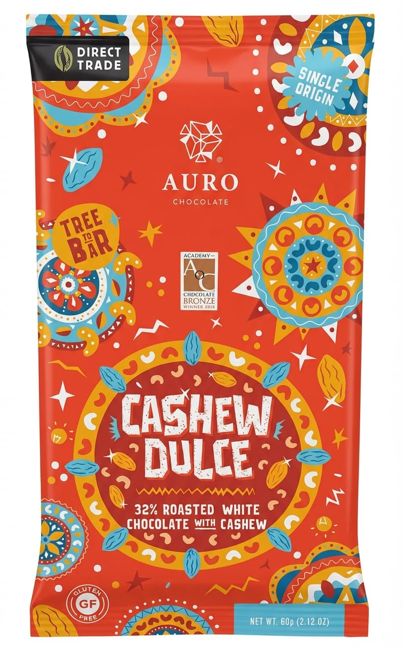 Cashew Dulce 32% white bar packaging by AURO