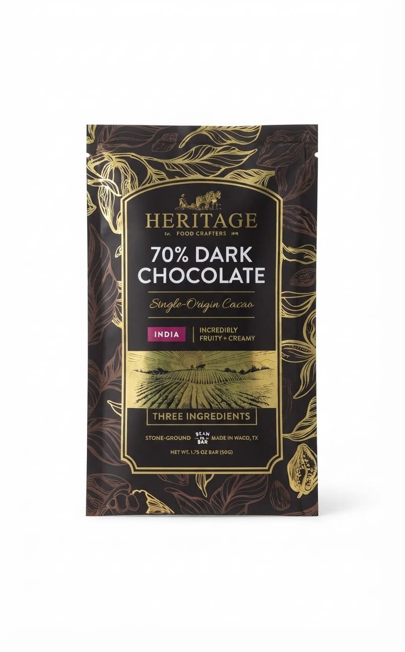 India 70% 70% dark bar packaging by Heritage Food Crafters
