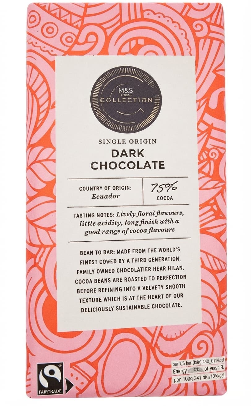 Ecuador 75% 75% dark bar packaging by M&S