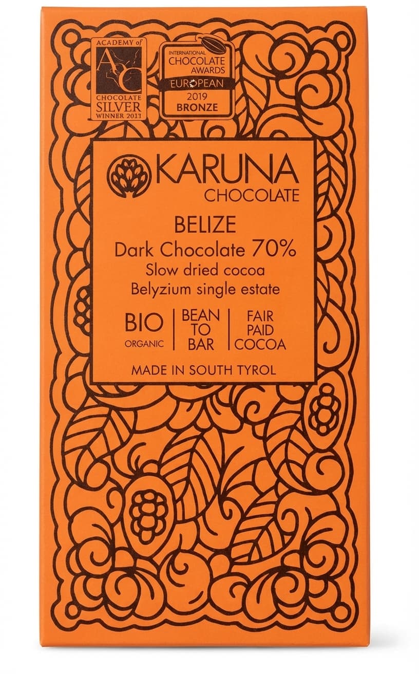 Belize 70%, Slow dried 70% dark bar packaging by Karuna