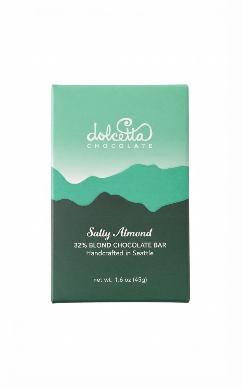 Salty Almond 32% 32% white bar packaging by Dolcetta Chocolate