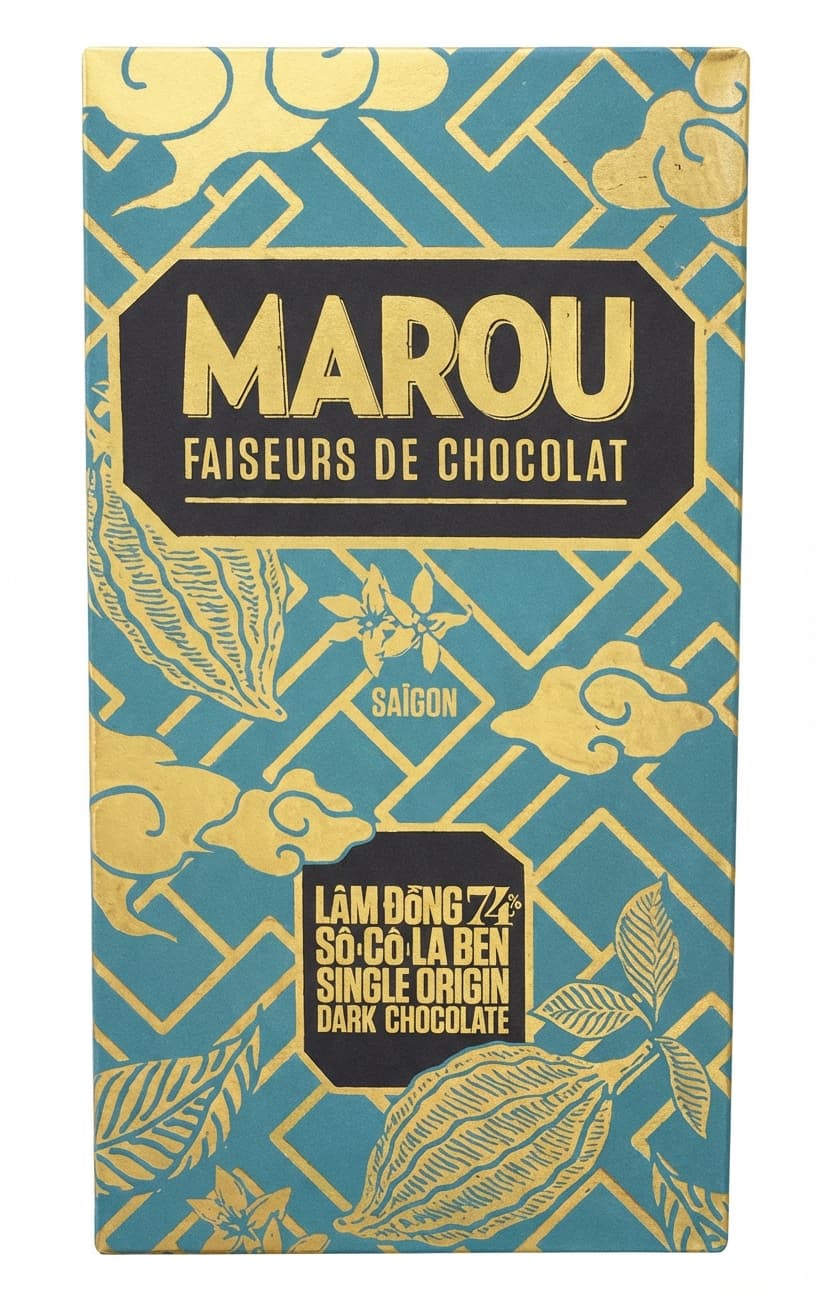 Lam Dong 74% 74% dark bar packaging by Marou Chocolate