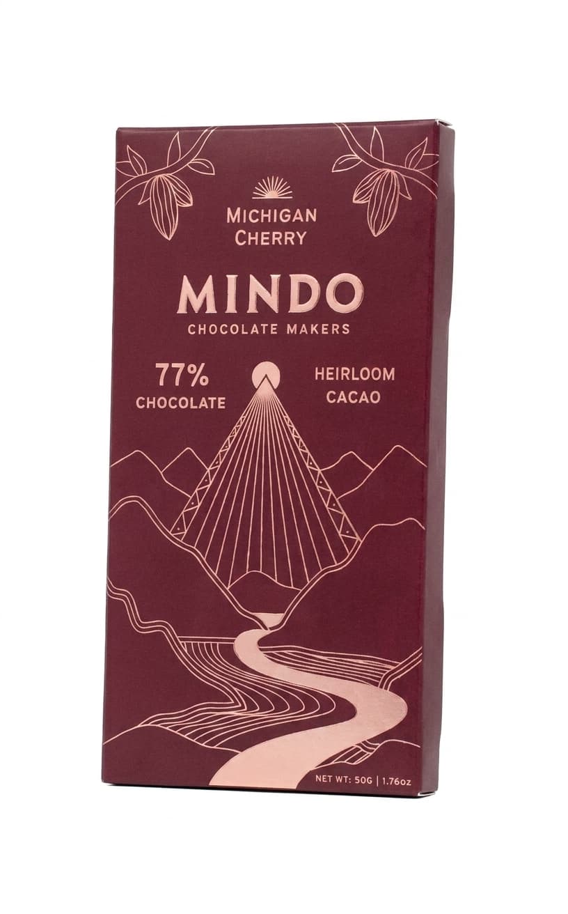 Michigan Cherry 77% 77% dark bar packaging by Mindo Chocolate