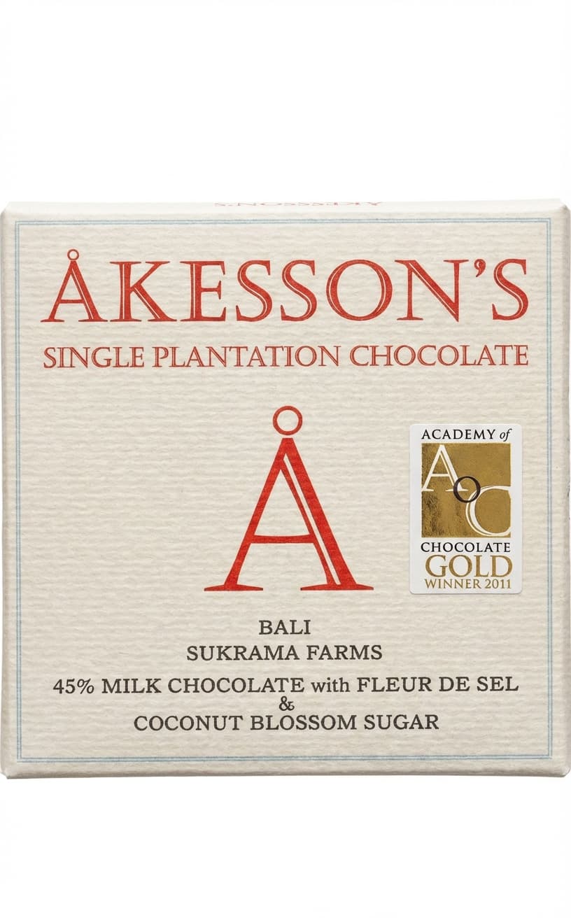 Bali Sukrama Farms 45% Milk with Fleur de Sel & Coconut Blossom Sugar 45% milk bar packaging by Åkesson's