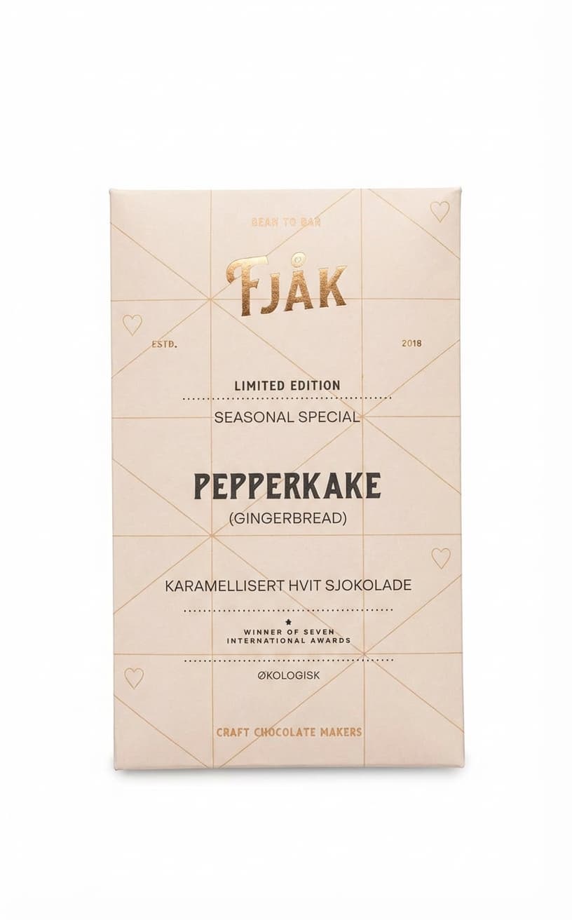 Pepperkake Gingerbread Limited Edition 42% white bar packaging by Fjåk