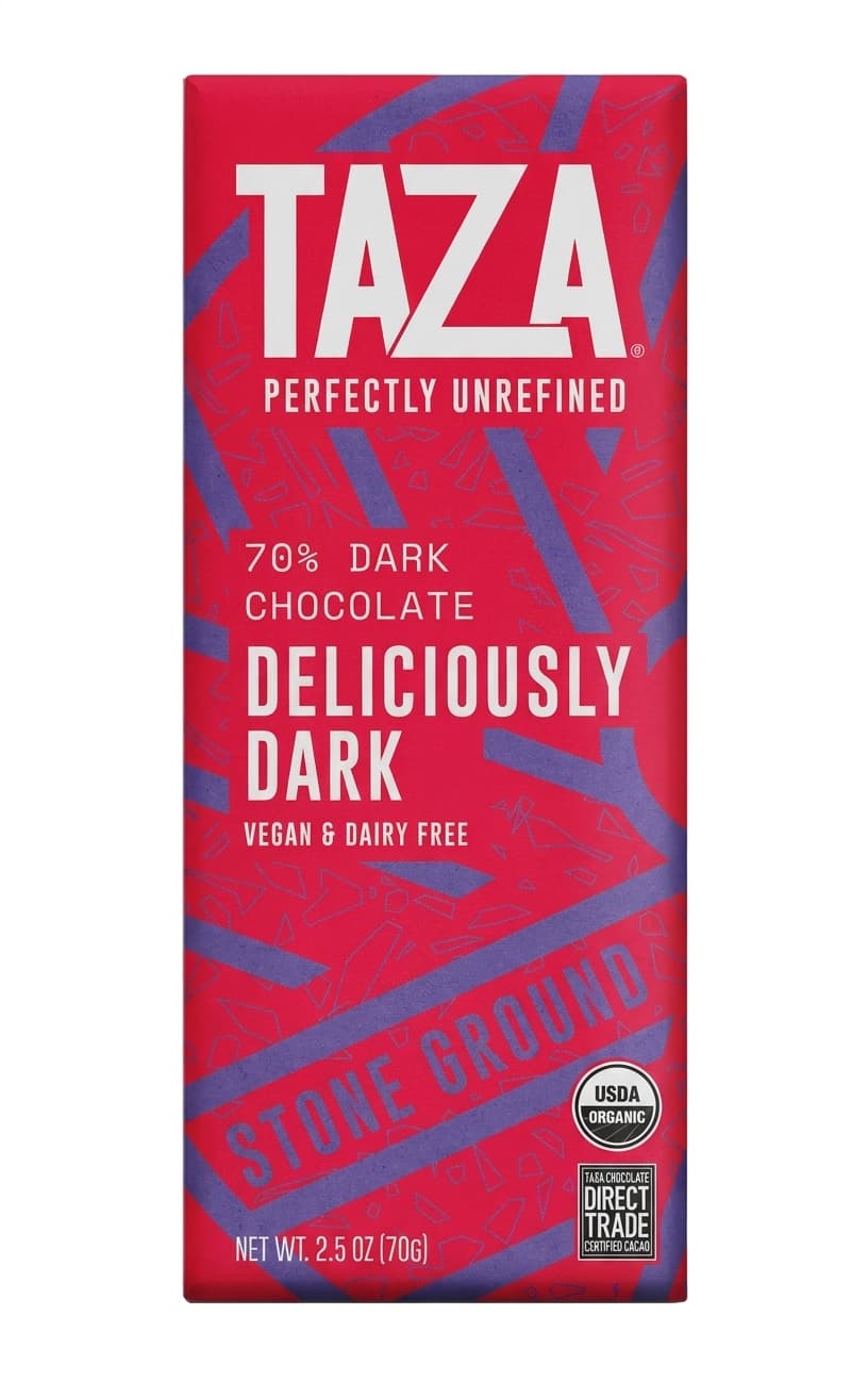 Deliciously Dark 70% 70% dark bar packaging by Taza