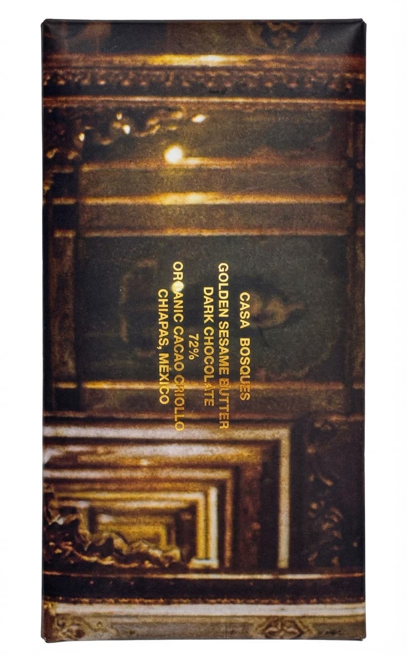 Golden Sesame Butter 72% 72% dark bar packaging by Casa Bosques