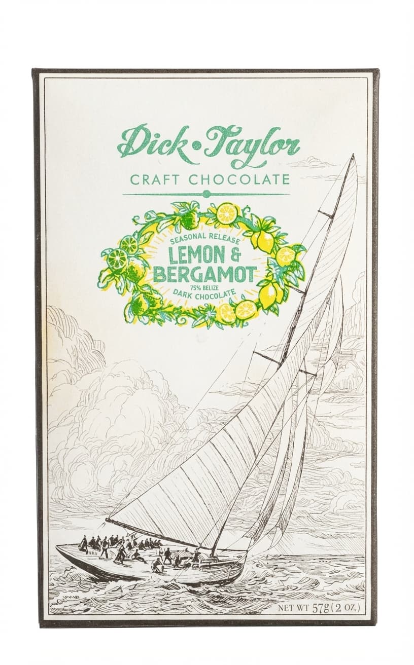 Lemon & Bergamot 65% dark bar packaging by Dick Taylor