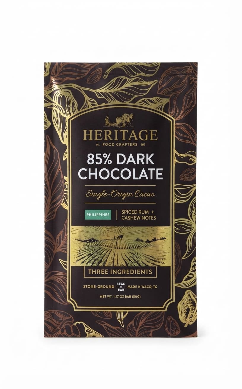 Philippines 85% 85% dark bar packaging by Heritage Food Crafters