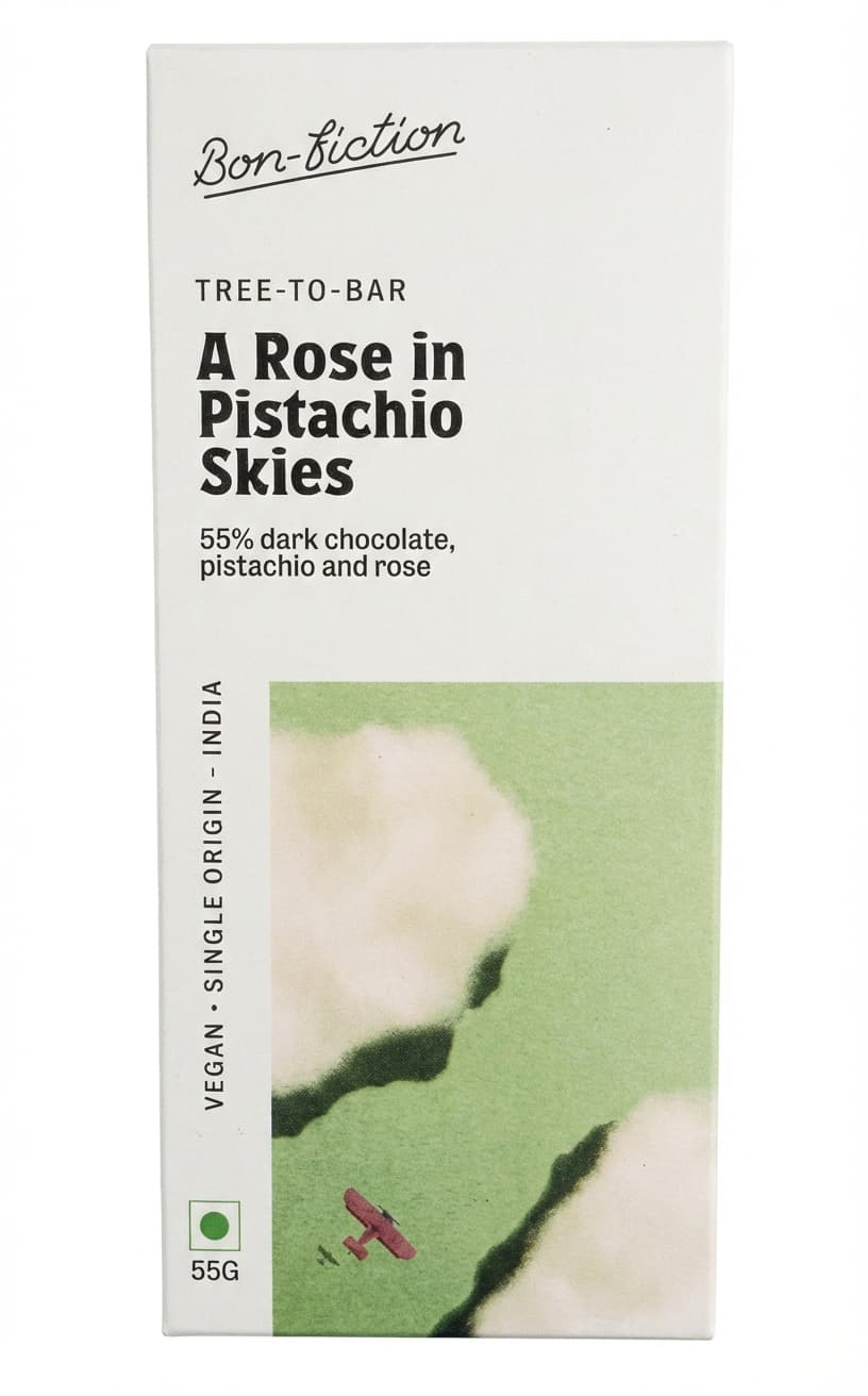 A Rose in Pistachio Skies 55% dark bar packaging by Bon-Fiction