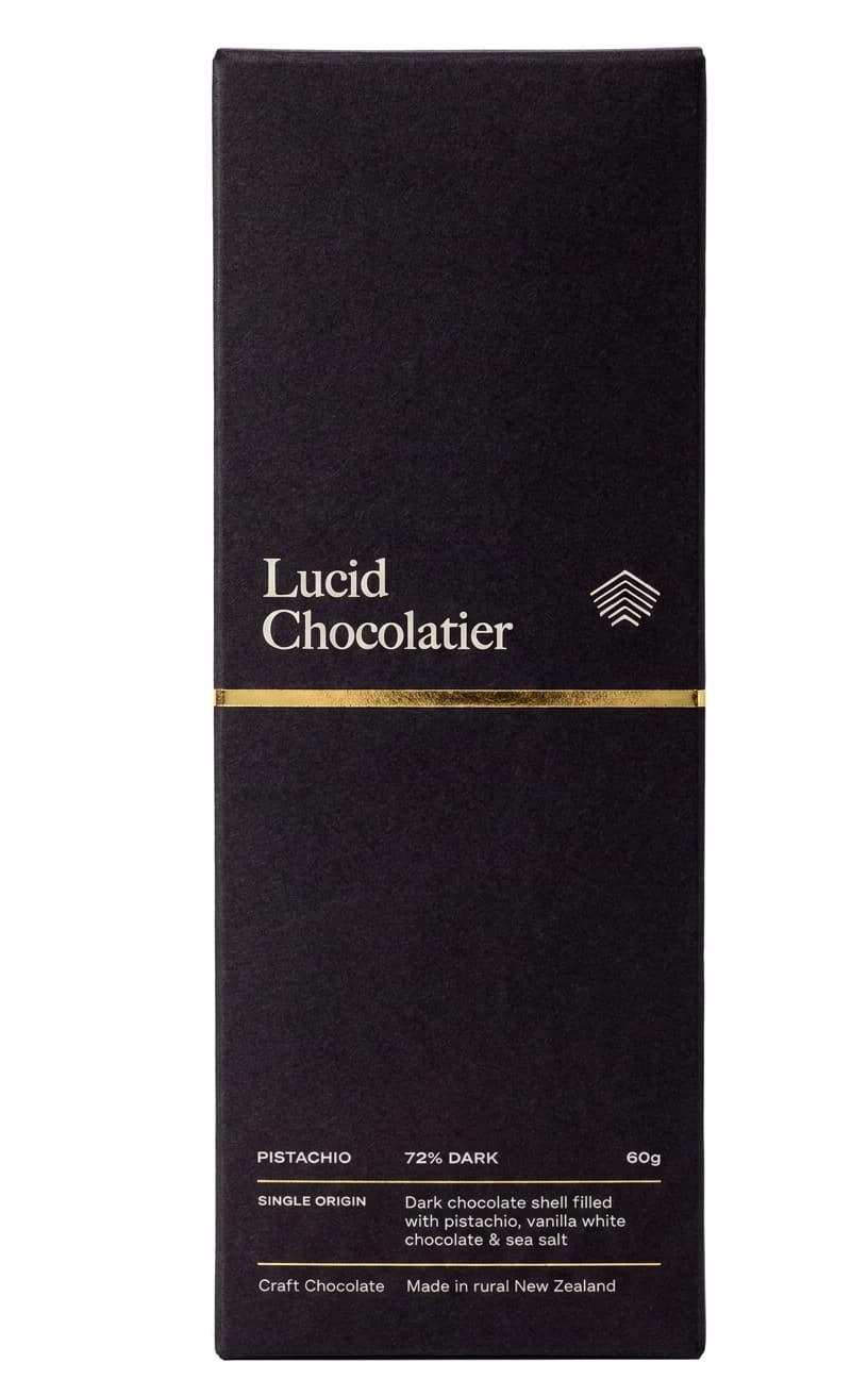 Pistachio 72% dark bar packaging by Lucid Chocolatier
