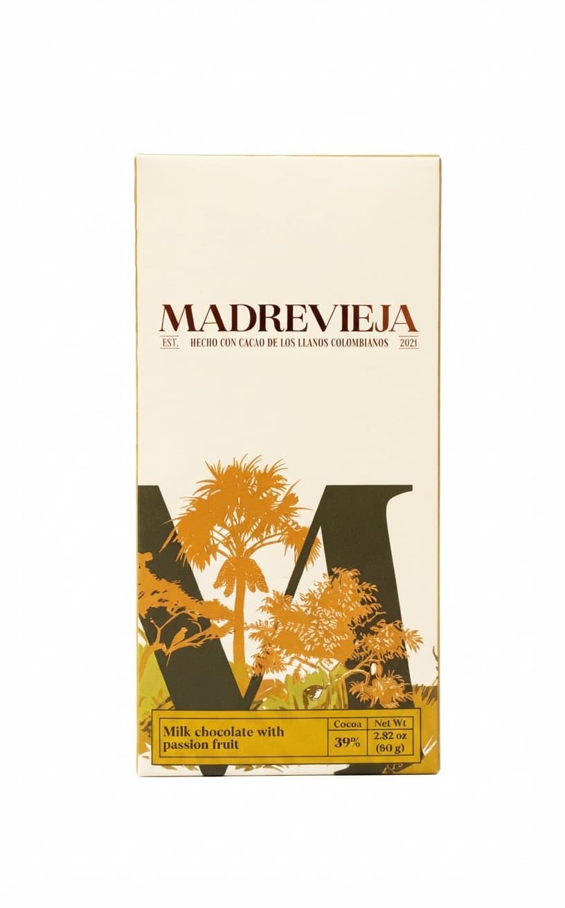 Passion Fruit Milk 39% 39% milk bar packaging by Madrevieja Chocolate