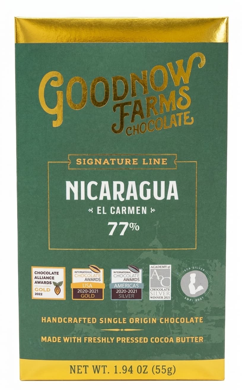 El Carmen Nicaragua 77% 77% dark bar packaging by Goodnow Farms