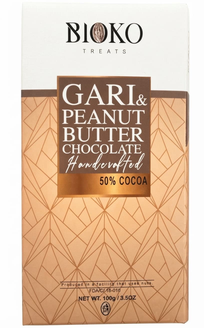 Gari & Peanut Butter 50% 50% dark bar packaging by Bioko Treats