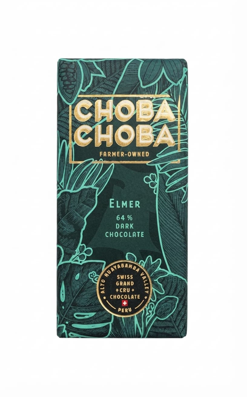 Elmer 64% 64% dark bar packaging by Choba Choba