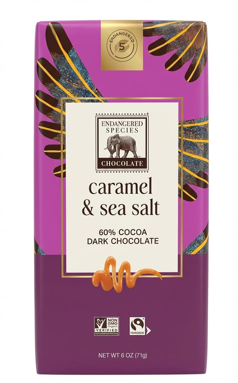 Caramel & Sea Salt 60% dark bar packaging by Endangered Species Chocolate