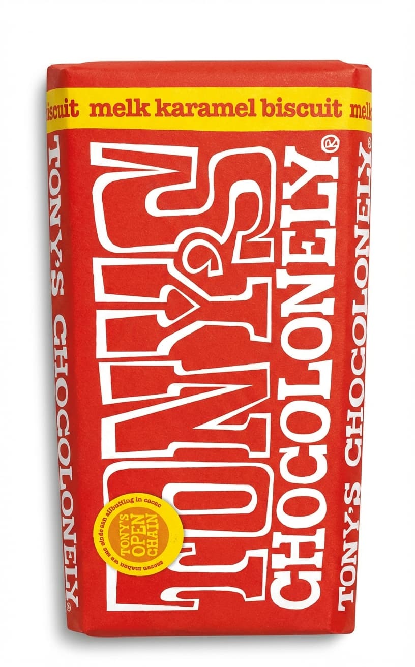 Milk Caramel Biscuit 32% milk bar packaging by Tony's Chocolonely