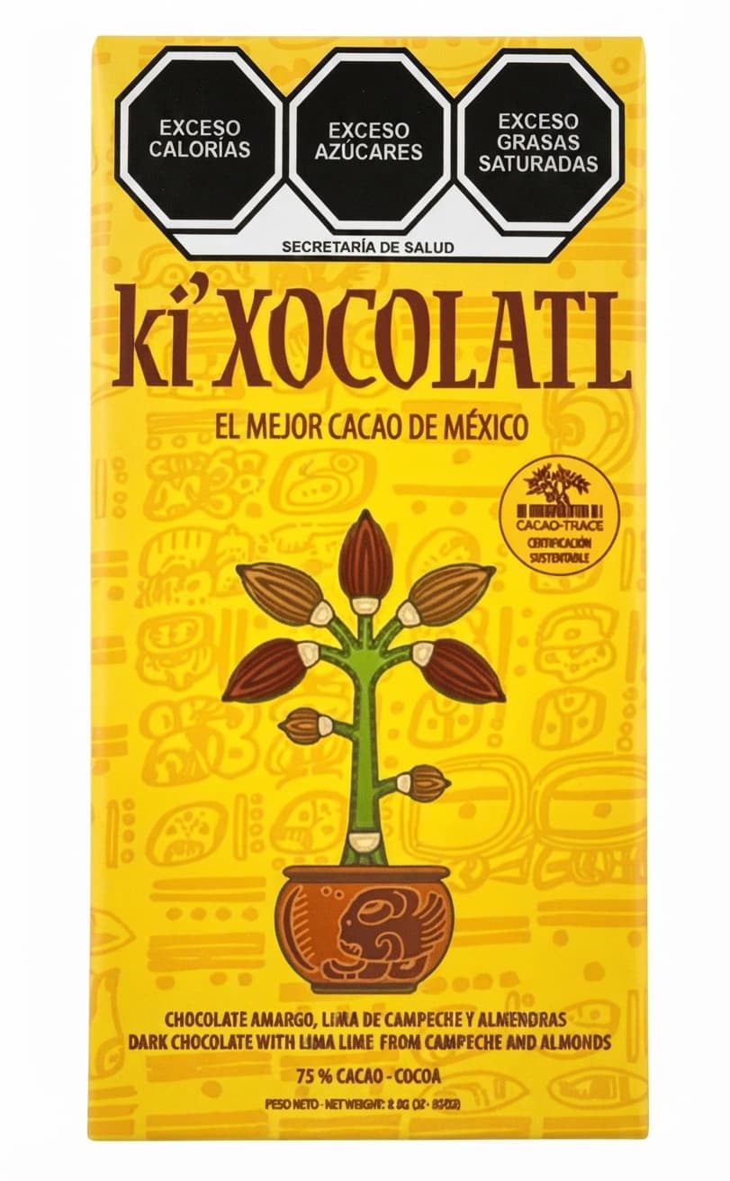 Lima & Almendras 75% 75% dark bar packaging by Ki'Xocolatl