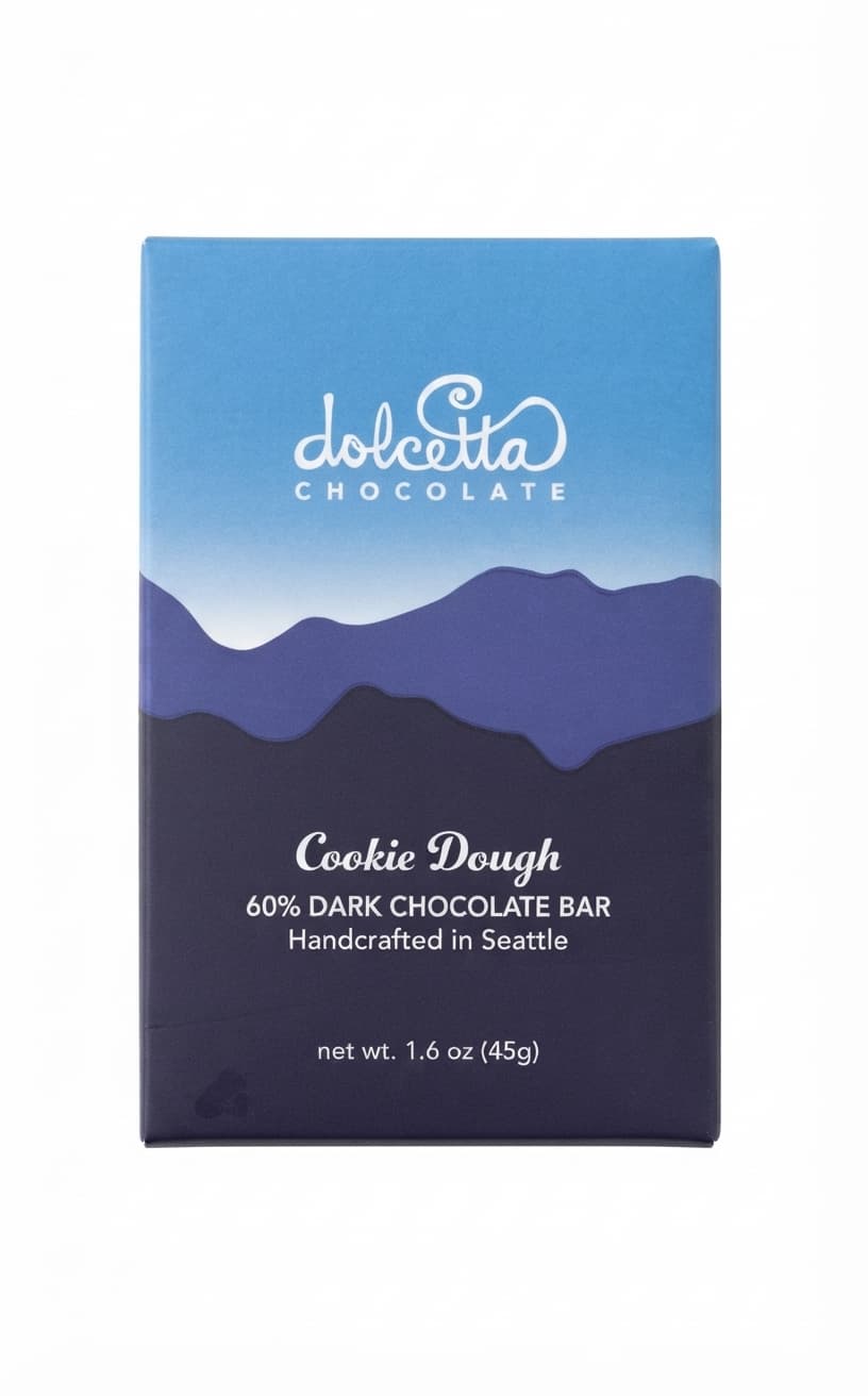 Cookie Dough 60% 60% dark bar packaging by Dolcetta Chocolate