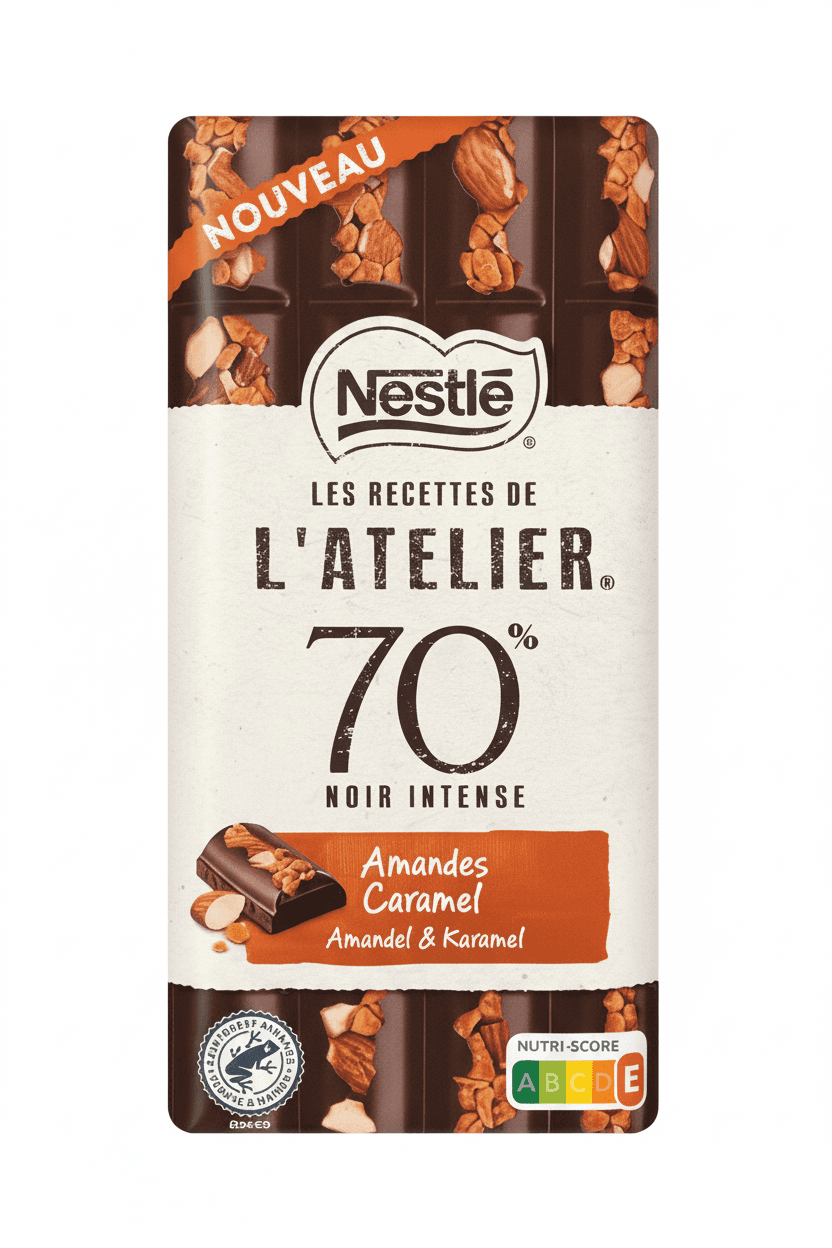 Les Recettes de L'Atelier Dark Chocolate 70% Salted Caramel & Almonds 70% dark bar packaging by Nestlé
