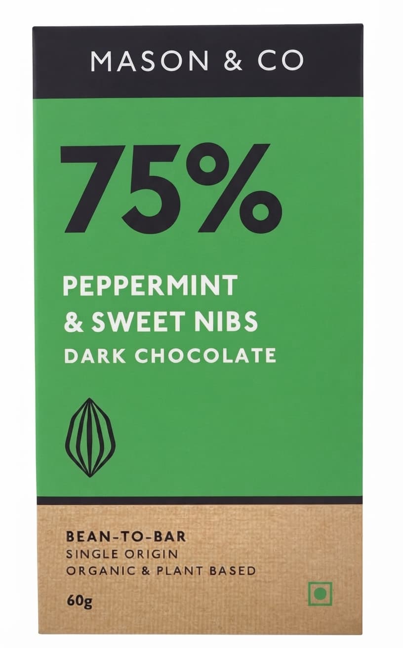 Peppermint & Sweet Nibs 75% 75% dark bar packaging by Mason & Co