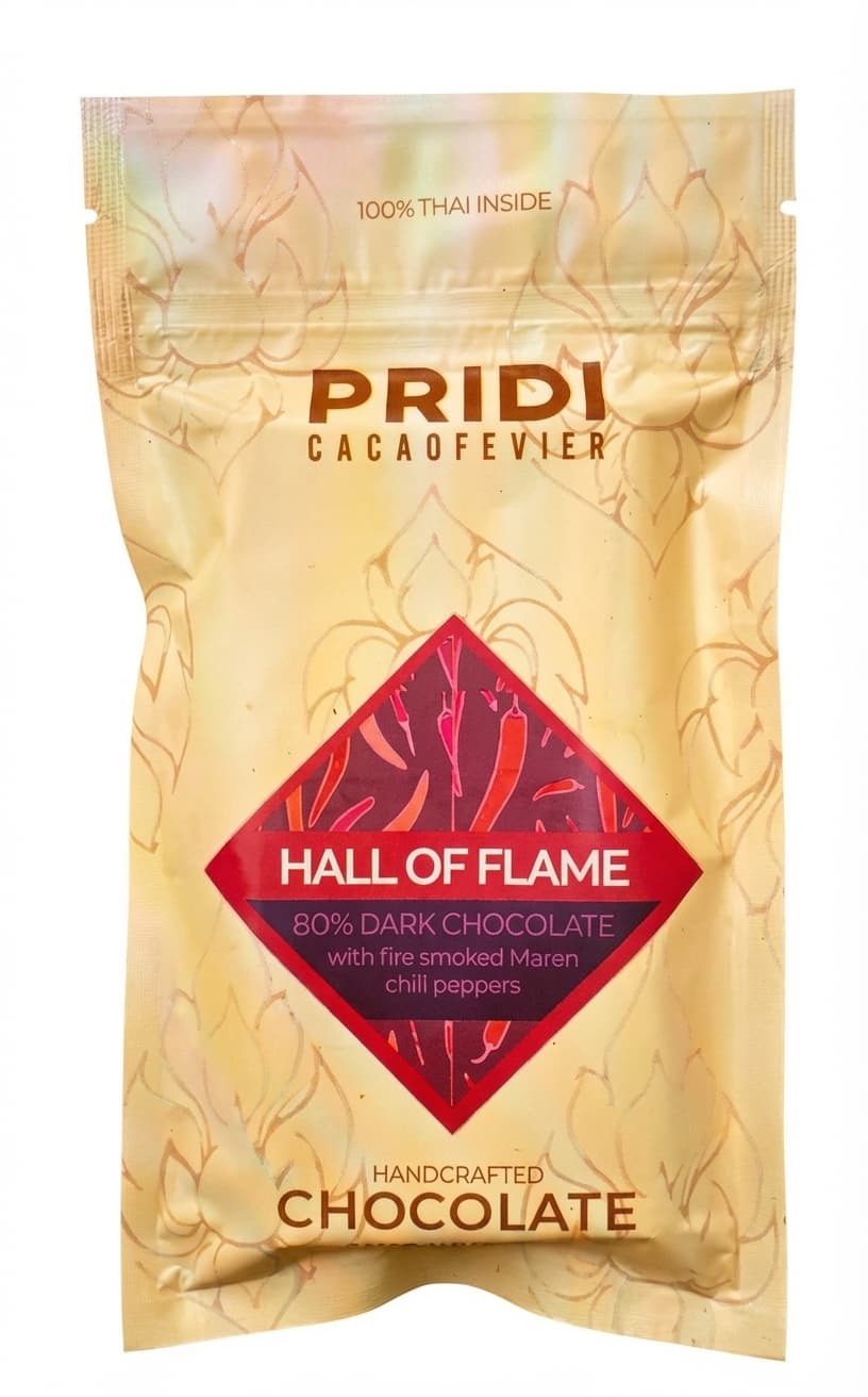 Hall of Flame 80% dark bar packaging by Pridi Cacaofevier