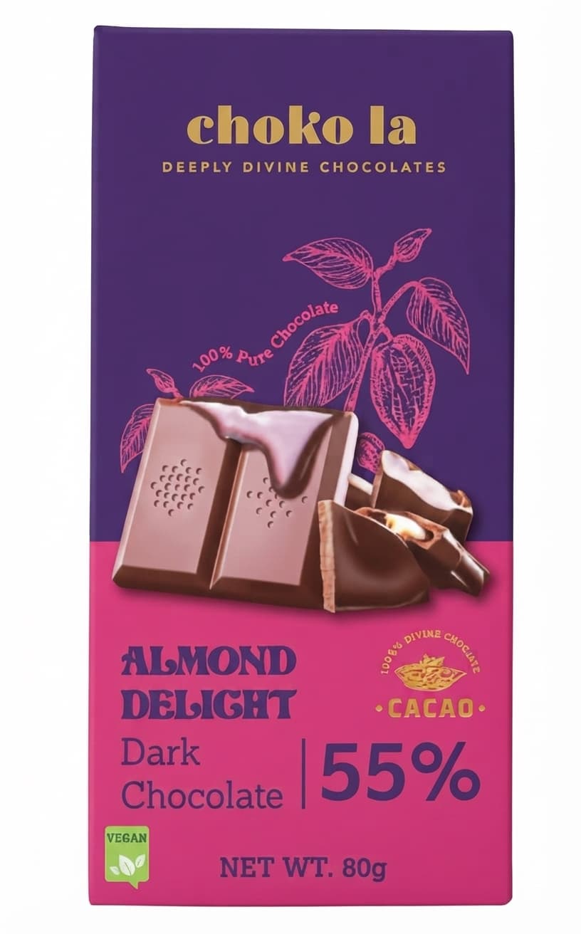 Almond Delight 55% 55% dark bar packaging by choko la