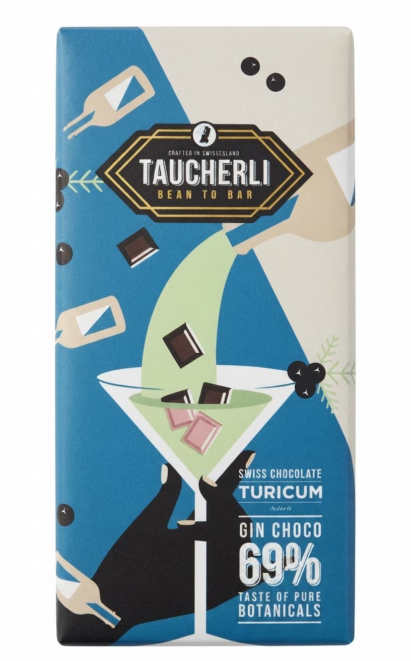 Turicum Gin Choco 69% 69% dark bar packaging by Taucherli