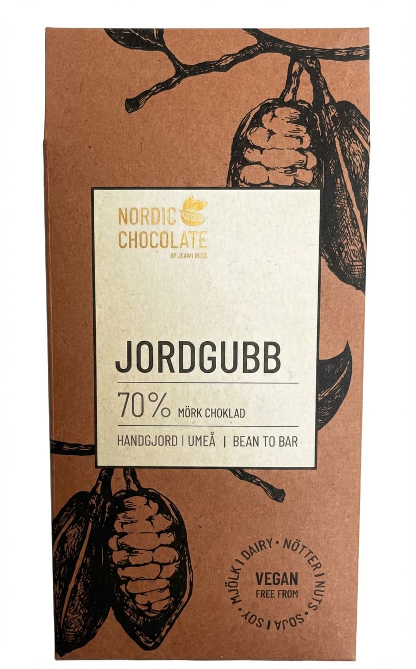 Jordgubb 70% dark bar packaging by Nordic Chocolate