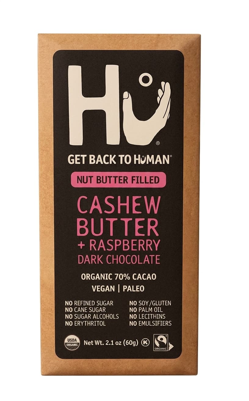 Cashew Butter + Raspberry Dark Chocolate 70% dark bar packaging by Hu